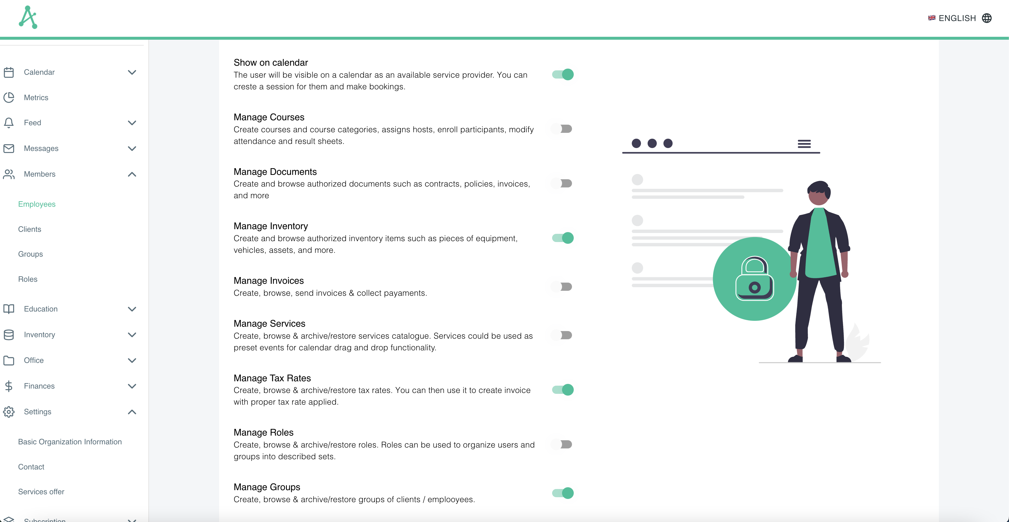 Form with a list of different privileges and a toggle button allowing to grant/revoke a given privilege