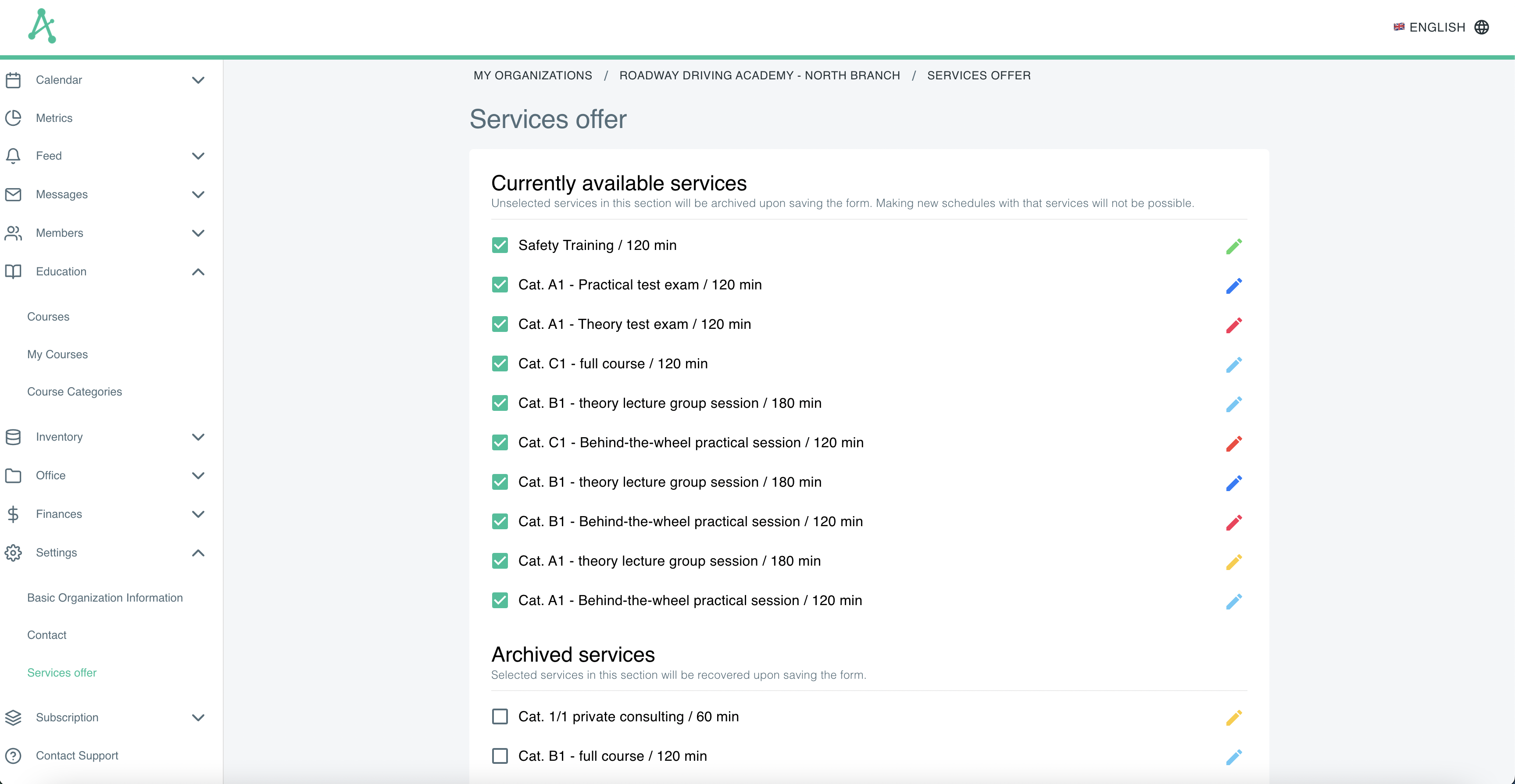 Enumerated services with the option to activate/deactivate and edit