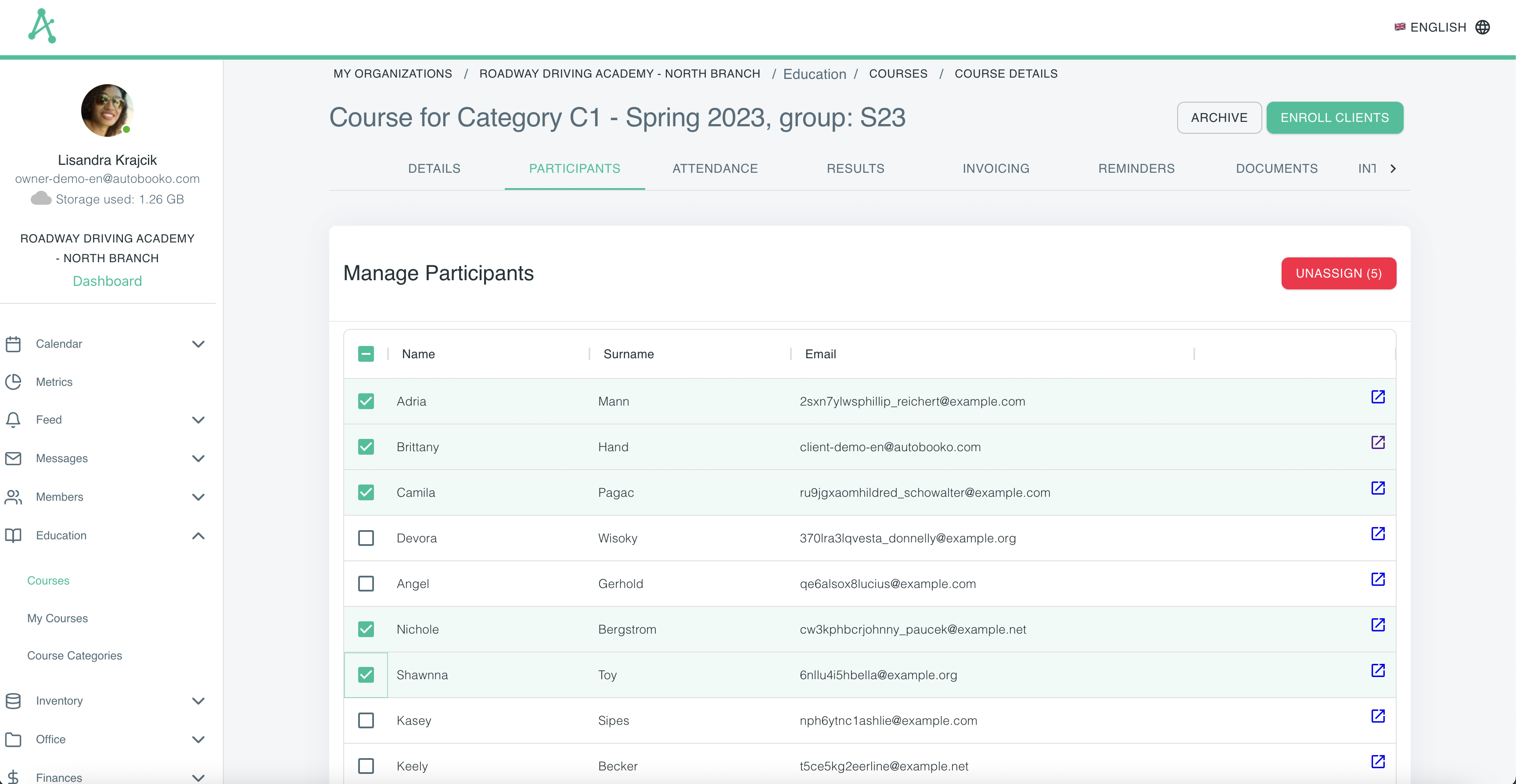 List of course participants selected to be removed from a course